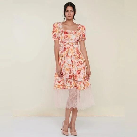 [Rachel Parcell] Pink Rose Floral Puff Sleeve Lace Trim Spring Midi Dress NWT 8 - Picture 1 of 12